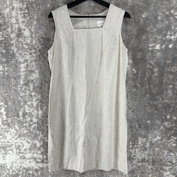Connie Choi Size S Linen Blend Square Neck Mini Shift Dress Beige Sleeveless Zip - Picture 1 of 10